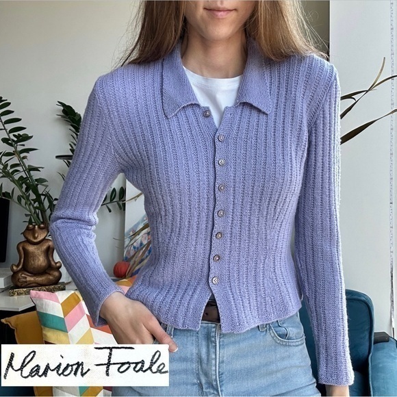 Marion Foale Wool Light Purple Crewneck Long Sleeve Collar Cardigan S - Picture 1 of 13